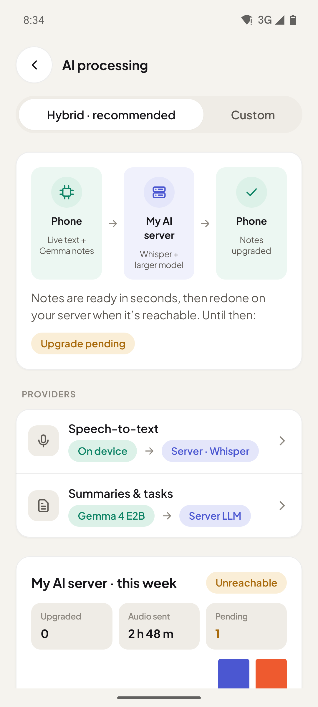 AI processing settings: hybrid mode, phone first, then your AI server, then the phone again with upgraded notes.