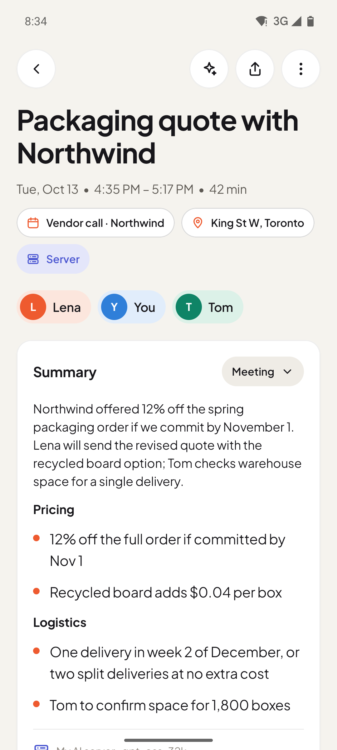 A conversation in the app: title, summary with sections, speakers and where it was processed.