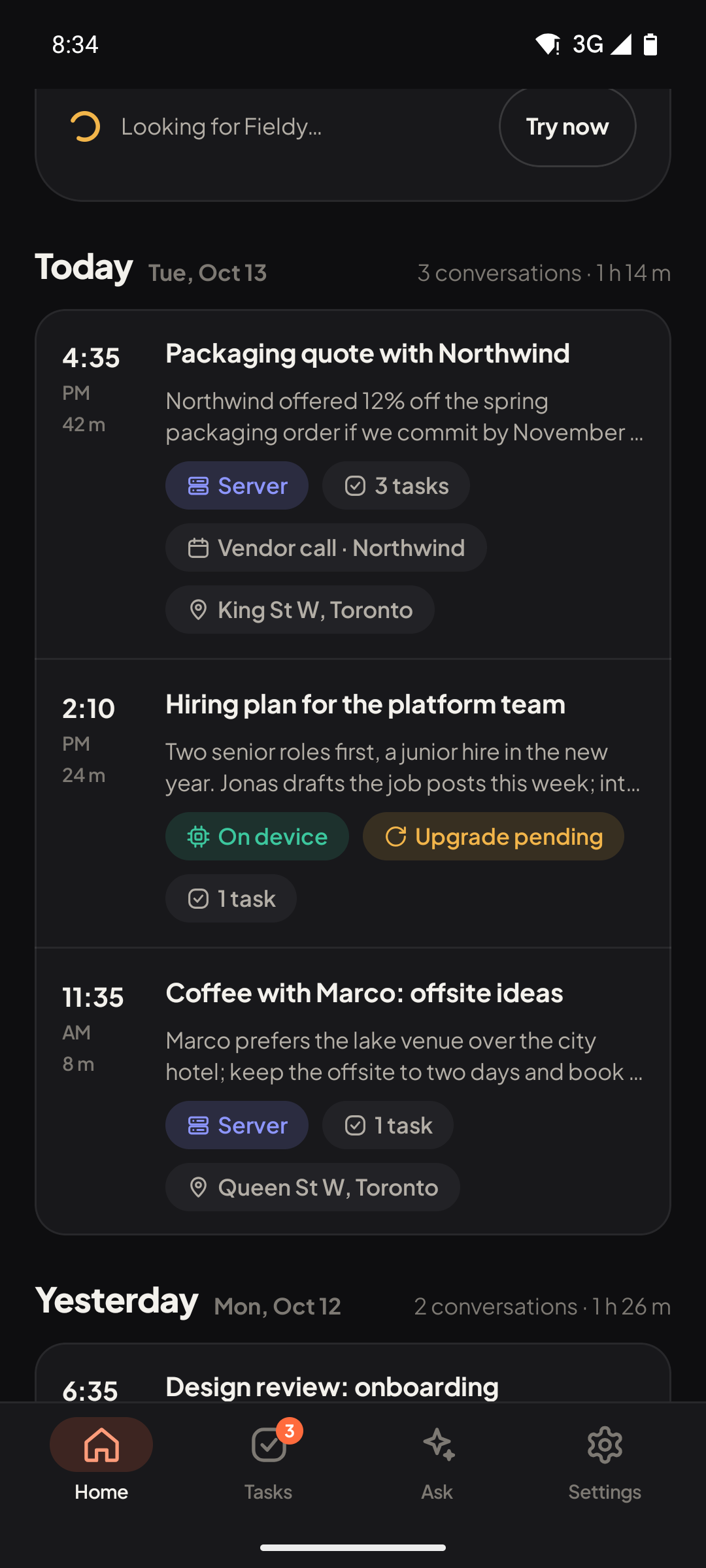 The app’s home screen: today’s conversations with summaries, tasks and provenance badges.