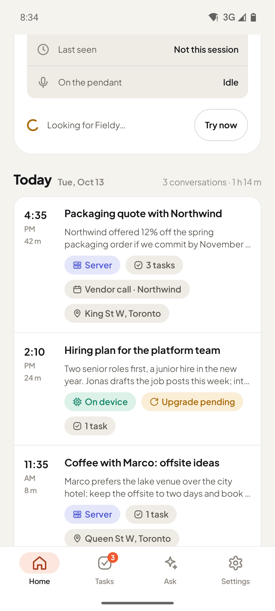 The app’s home screen: today’s conversations with summaries, tasks and provenance badges.