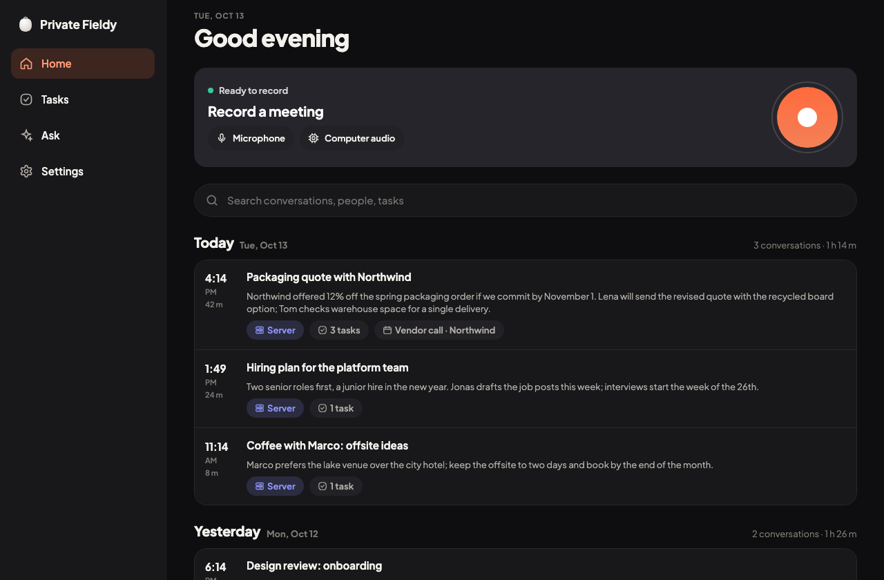 The desktop app: record card with microphone and computer audio, and today’s conversations.